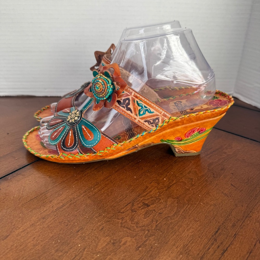 Corkys Womens Leather Floral Wedge Sandals Hand Painted Boho Slide Tan Multi 8